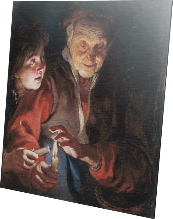 Oude vrouw en jongen met kaarsen | Peter Paul Rubens  | Aluminium | Schilderij | Wanddecoratie | 40 x 40