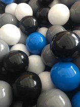 500 ballen 7cm, wit, blauw, grijs, zwart