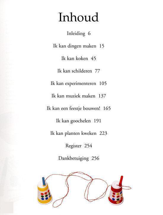 Inhoudsopgave met knutsel- en spelactiviteiten, inclusief twee kartonnen bekertjes met draad.