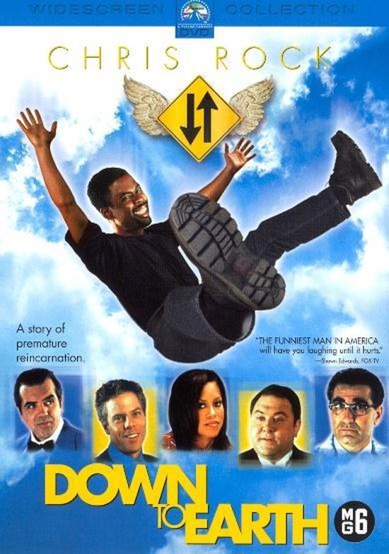 Filmhoes 'Down To Earth' met Chris Rock die in de lucht springt, met de tekst 'A story of premature reincarnation.' en afbeeldingen van andere acteurs.