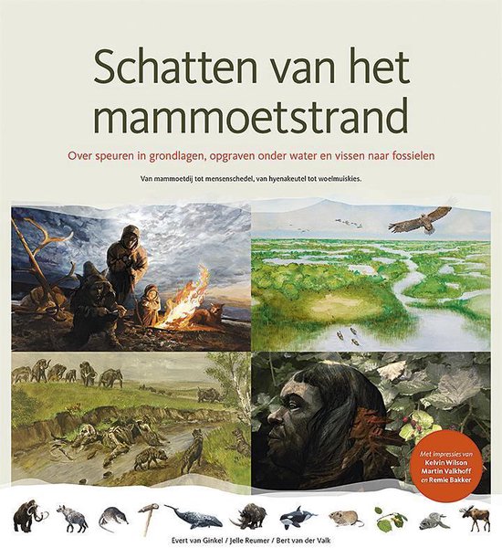 Boekomslag met vier illustraties: groepen mensen rond vuur, een moeraslandschap, mammoeten in een vallei en een prehistorische man. Onderaan diverse prehistorische dieren en voorwerpen.