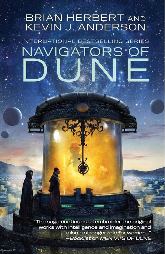 Boekomslag van 'Navigators of Dune' door Brian Herbert en Kevin J. Anderson. Twee figuren staan bij een glazen cilinder met een gouden gloed.
