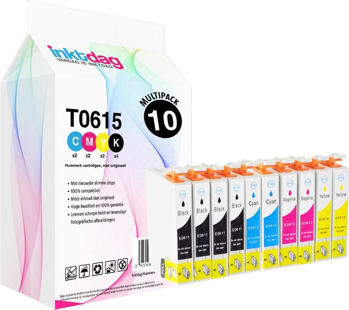 Inktdag inktcartridge voor Epson T0615, multipack van 10 stuks (4*BK, 2*CMY)