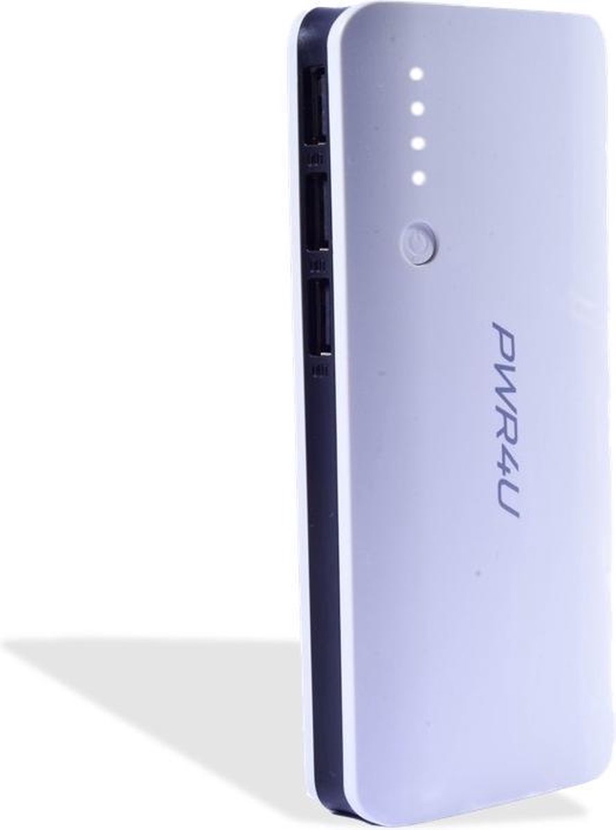 PWR4U Powerbank 13000 mAh wit met zwarte rand, geschikt voor het laden van drie toestellen tegelijk (1x 2,1A en 3x1A uitgang). Geschikt voor o.a. Samsung, Microsoft, Sony, Huawei, HTC, Fujitsu etc. Zeer hoge capaciteit en een mooi design.