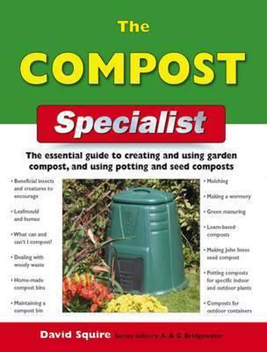 Boek "The Compost Specialist" met een groene compostbak op de voorgrond en de titel in gele letters op een groene achtergrond.