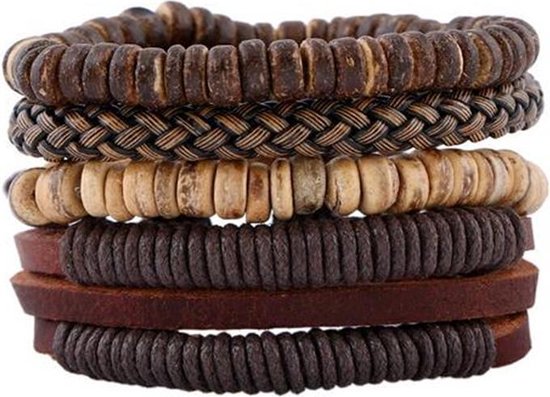 Koopje verwarring Voorbeeld Leren armbanden set met houten kralen en touw | bol.com