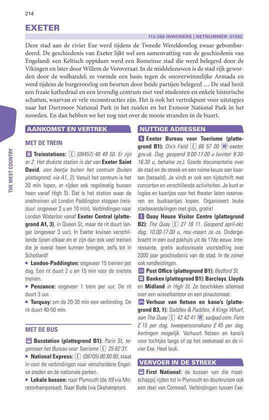 Pagina 214 van de Trotter gids voor Zuid-Engeland met tekst en informatie over Exeter, met een kaart van het centrum.