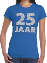 25 jaar zilver glitter verjaardag/jubileum shirt blauw dames XS