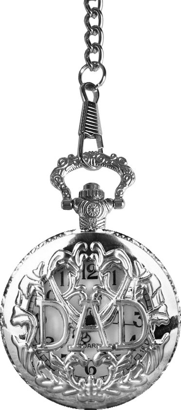 Zilverkleurig zakhorloge met de tekst 'DAD' in reliëf op de voorkant, hangend aan een ketting.