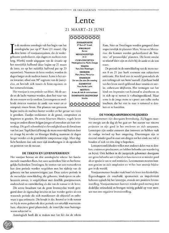 Pagina met astrologische teksten over de lente, inclusief diagrammen en lijsten.
