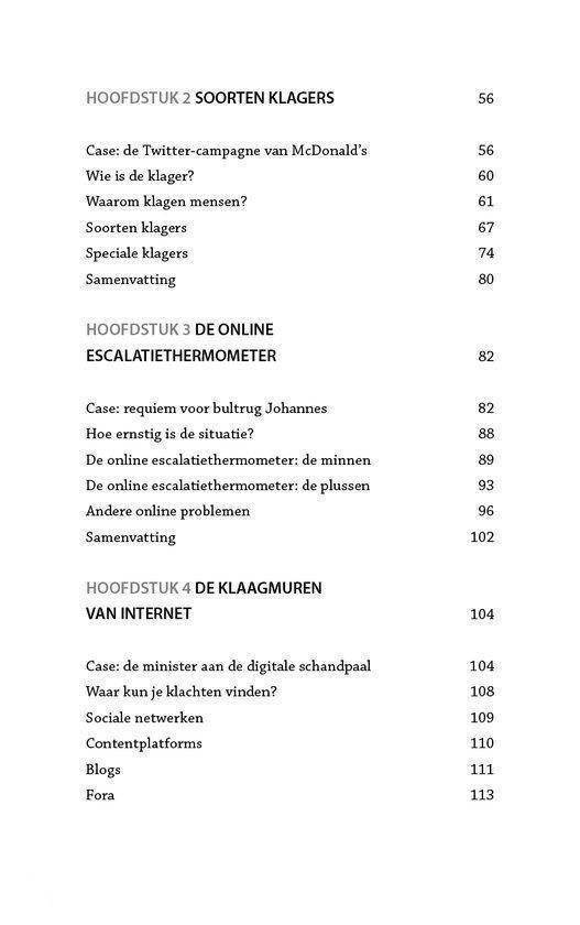 Inhoudsopgave van een boek, met hoofdstukken over 'Soorten klagers' en 'De online escalatiemeter'.