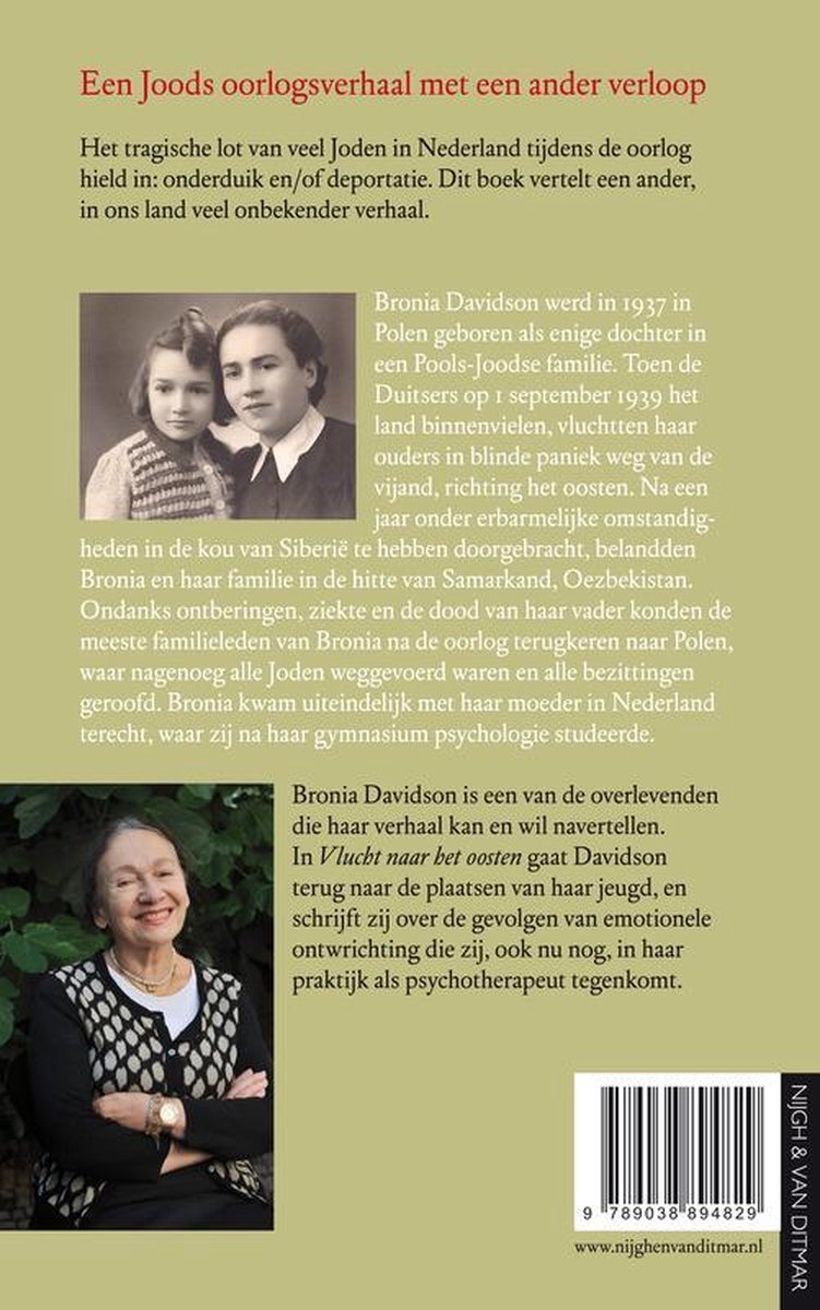 Achteromslag met tekst en twee foto's: twee jonge meisjes in schoolkleding en een oudere vrouw met een vest met grafische print. Titel: 'Vlucht naar het oosten'.