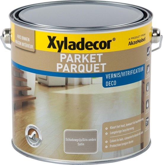 Xyladecor Vernis Parquet, Gris Ombre/Schaduwgrijs Satin, boîte 2.5L. Pour intérieur.