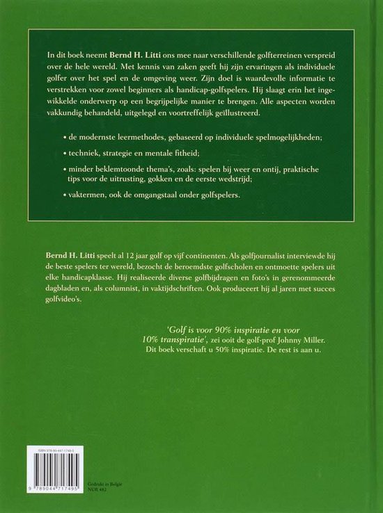 Achterkant van het boek 'Compleet Handboek Golf Spelen' met tekst over de inhoud en de auteur Bernd H. Litti.