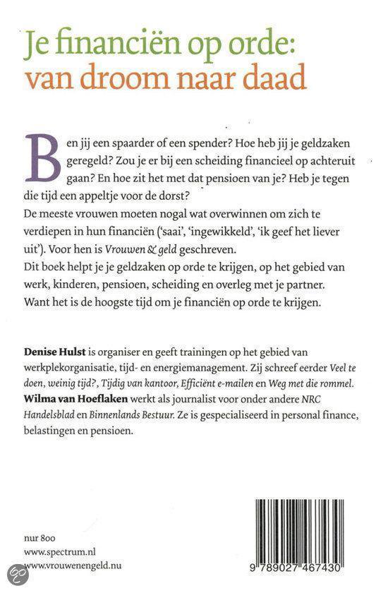 Boekomslag met de titel 'Je financiën op orde: van droom naar daad' in paarse en oranje letters, met een tekstblok over de auteurs Denise Hulst en Wilma van Hoeflaken.