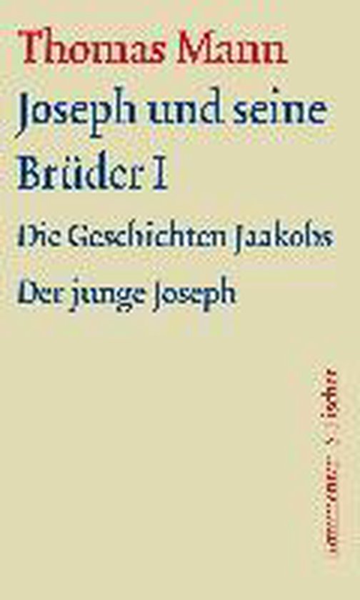 Boek kaft met rode en blauwe tekst: Thomas Mann, Joseph und seine Brüder I, Die Geschichten Jaakobs, Der junge Joseph.