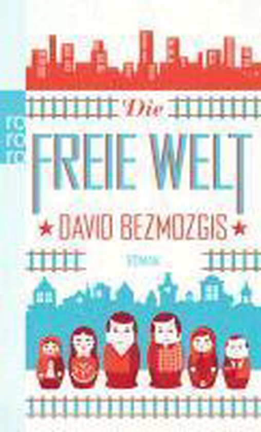 Boek "Die freie Welt" met rode en blauwe illustraties van Matroesjka-poppen en een stadsgezicht.