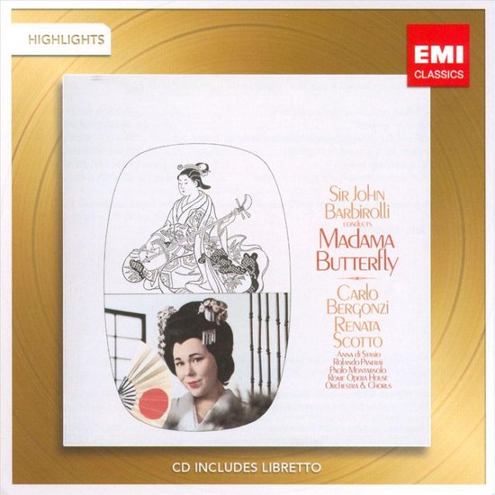 Hoes van "Madama Butterfly" met een illustratie van een geisha en een foto van Renata Scotto, met "EMI CLASSICS" logo.