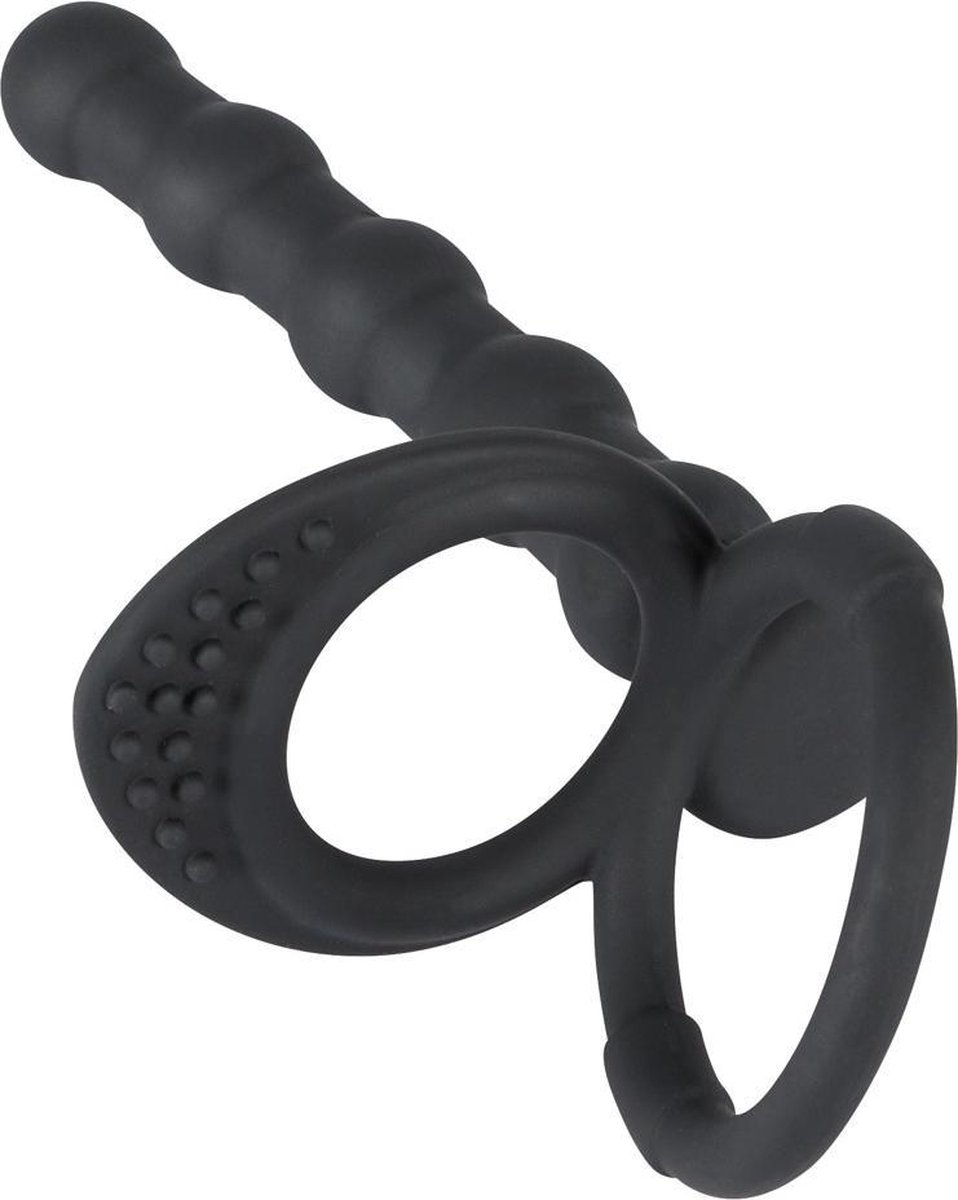 Black Velvets – Siliconen Cock en Ball Ring met Stevige Anale Kralen voor Dubbele Penetratie – 19 cm – Zwart