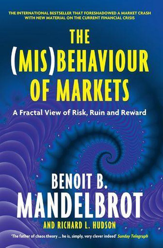 Couverture de livre avec le titre 'The (Mis)Behaviour of Markets' en lettres jaunes, avec une fractale bleue en arrière-plan.