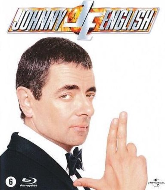 Rowan Atkinson en tant que Johnny English, portant un smoking et un nœud papillon, avec deux doigts levés.