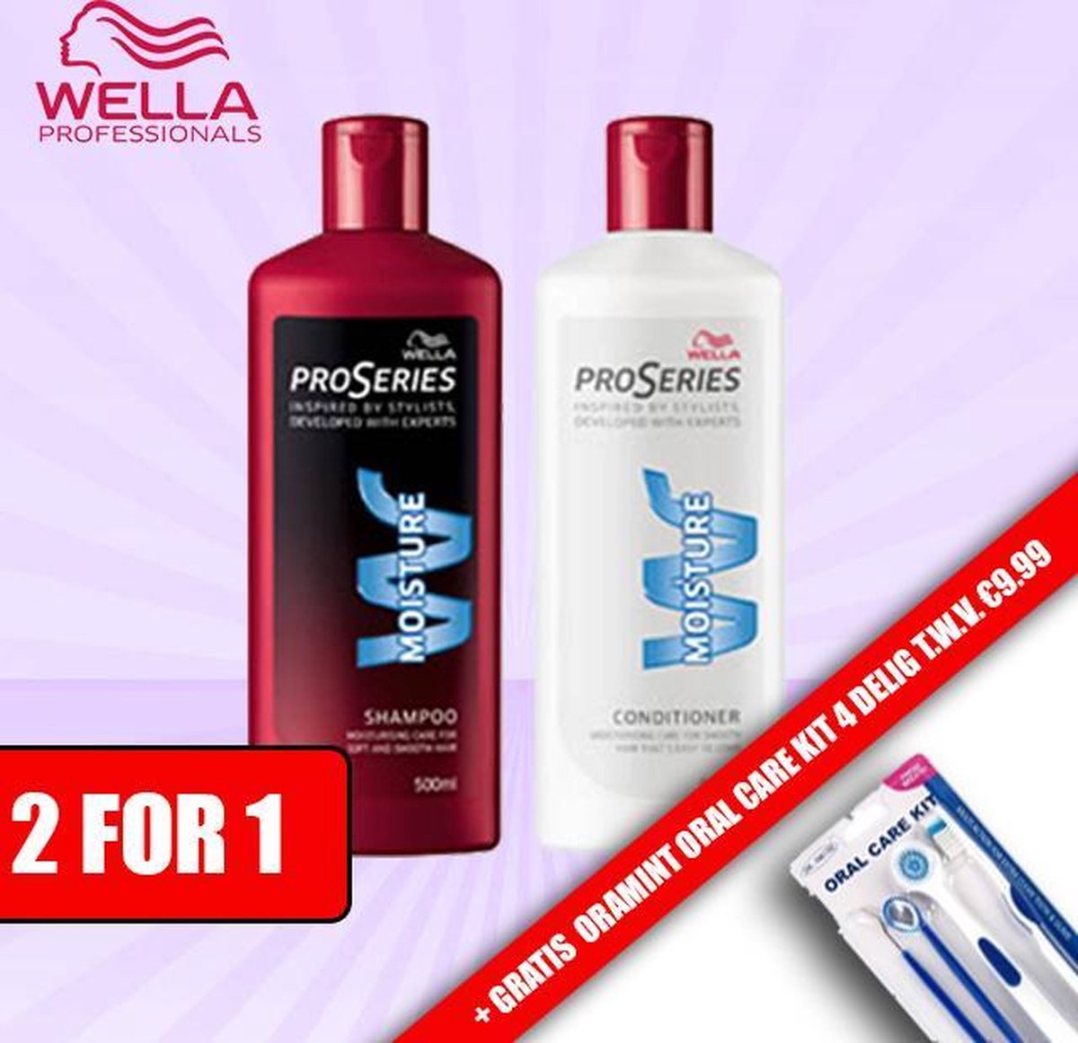 Wella Pro series Moisture Shampoo 500ml + Wella Pro Series Moisture Conditioner 500ml + Oramint 4 Delig oral care kit