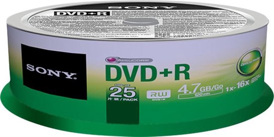 Sony AccuCORE DVD+R 25 stuks, 4.7 GB, 1x-16x, bedekt met tekst, in een groene en witte verpakking.