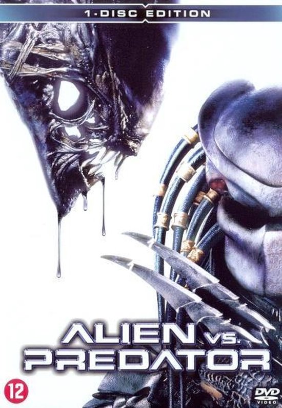 Close-up van het hoofd van een Alien en Predator, met de titel "ALIEN VS. PREDATOR".