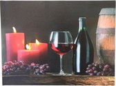 Canvas op houten frame - Wijn en kaarsen met 3 flikkerende led lampjes - Kerst