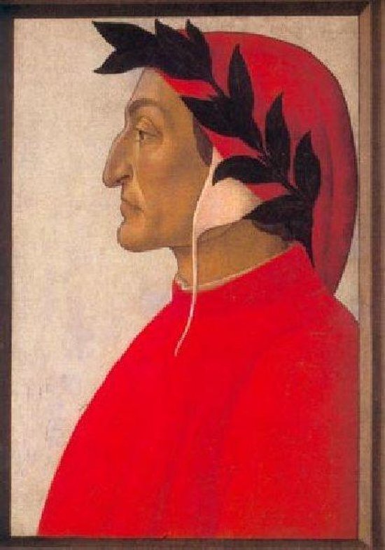 Portret van Dante Alighieri met rode kap en lauwerkrans.