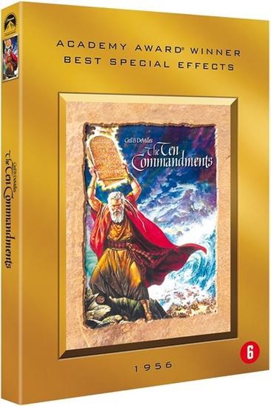 De cover van de film The Ten Commandments toont Mozes die de Tien Geboden omhoog houdt tegen een dramatische achtergrond van golven en rotsen. Bovenaan staat 'Academy Award Winner Best Special Effects'.