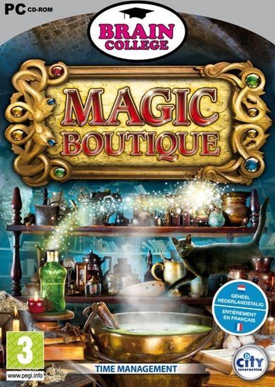 PC CD-ROM Brain College: Magic Boutique. Een zwarte kat staat naast een ketel, met magische ingrediënten op de plank.