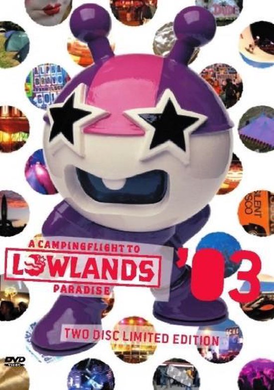 Paarse en witte mascotte met sterren als ogen, met 'A Campingflight to Lowlands Paradise '03' en 'Two Disc Limited Edition' tekst.