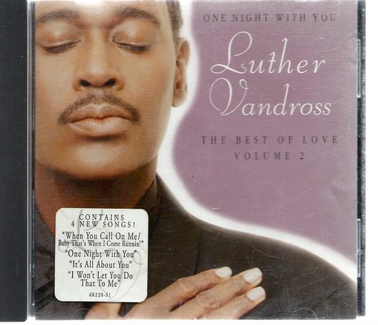 CD-hoes van Luther Vandross, 'One Night With You: The Best of Love, Volume 2', met close-up van zijn gezicht en de tekst.