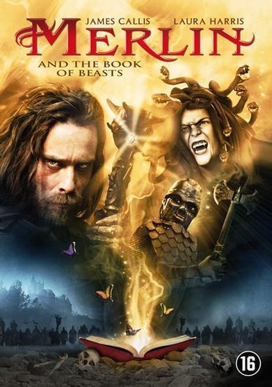 Filmcover van 'Merlin and the Book of Beasts' met James Callis en Laura Harris. Een open boek met vlinders en de demonische Medusa.