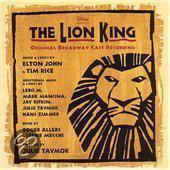 De cover van de "The Lion King" musical soundtrack, met een afbeelding van een leeuwenhoofd in zwarte lijnen op een verweerde, crèmekleurige achtergrond.