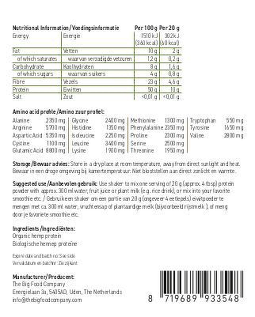 Bol Com Bigfood Big Food Hennep Proteine Poeder Naturel 500 Gram