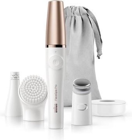 Braun FaceSpa Pro met opzetstukken, houder en toilettas.
