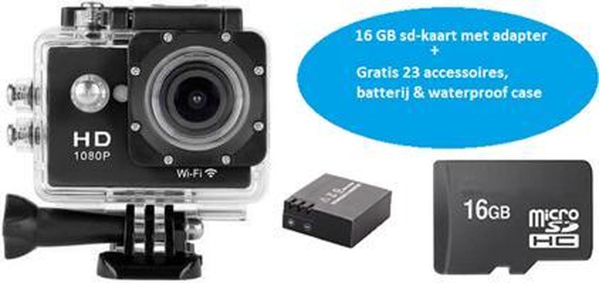 Full HD Action camera + 12 MP + SD-kaart 16 GB Klasse 10 + Accessoires mounts +... | bol.com