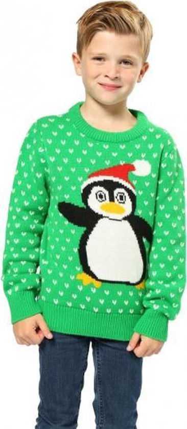Foute Kersttrui groen met pinguin voor kinderen 5-6 jaar