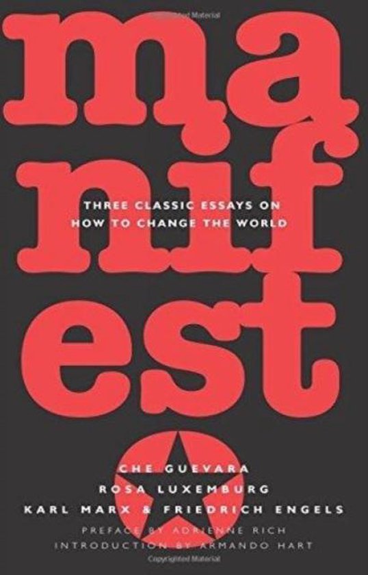 Zwarte boekomslag met grote rode letters 'Manifest', subtitel 'Three classic essays on how to change the world'.