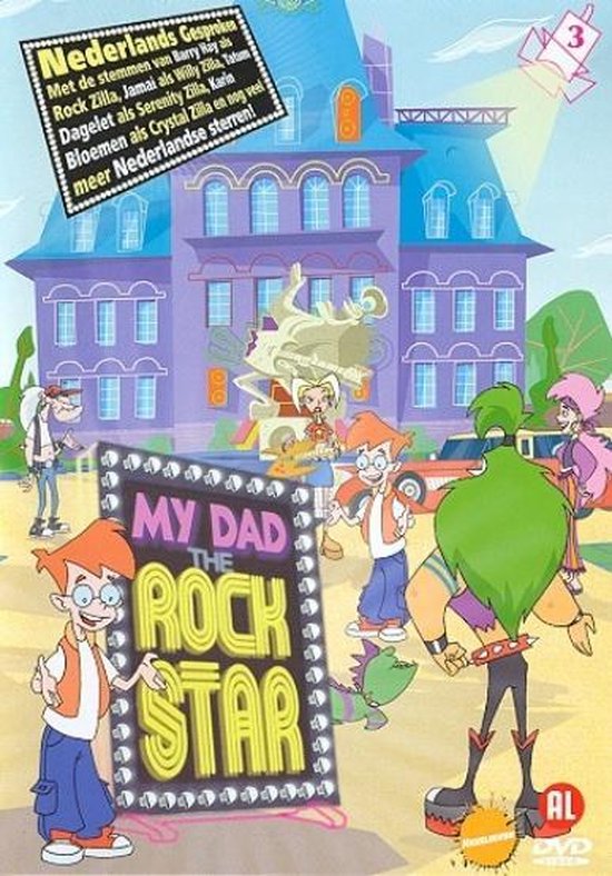 DVD cover "My Dad The Rock Star 3" met een tekenfilmstijl. Een groep kinderen met gekleurd haar en opvallende kleding staan voor een paars gebouw. Een van hen houdt een grote, verlichte "MY DAD THE ROCK STAR" poster vast.