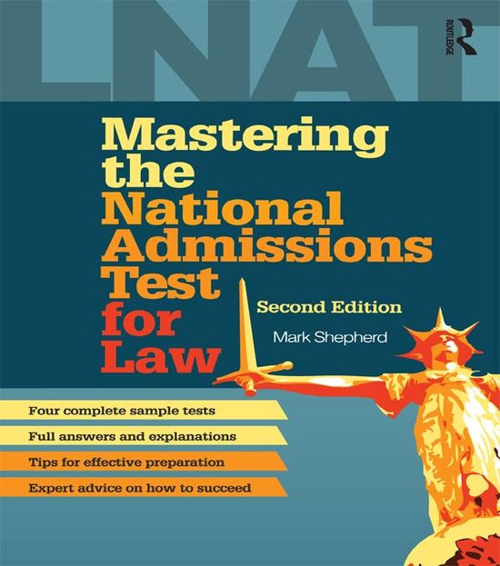 Boekomslag 'Mastering the National Admissions Test for Law' met een oranje standbeeld van Vrouwe Justitia.