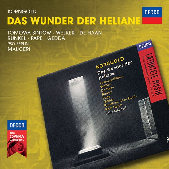Albumhoes van "Das Wunder der Heliane" van Korngold met rode en gele tinten en tekst van de artiesten, dirigent en labels.