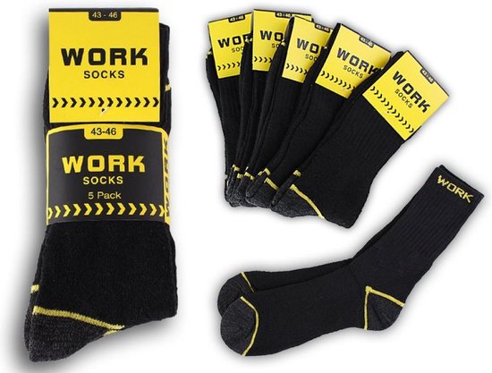 Zwarte werksokken, 5-pack, maat 43-46, met gele accenten en 'WORK SOCKS' logo.