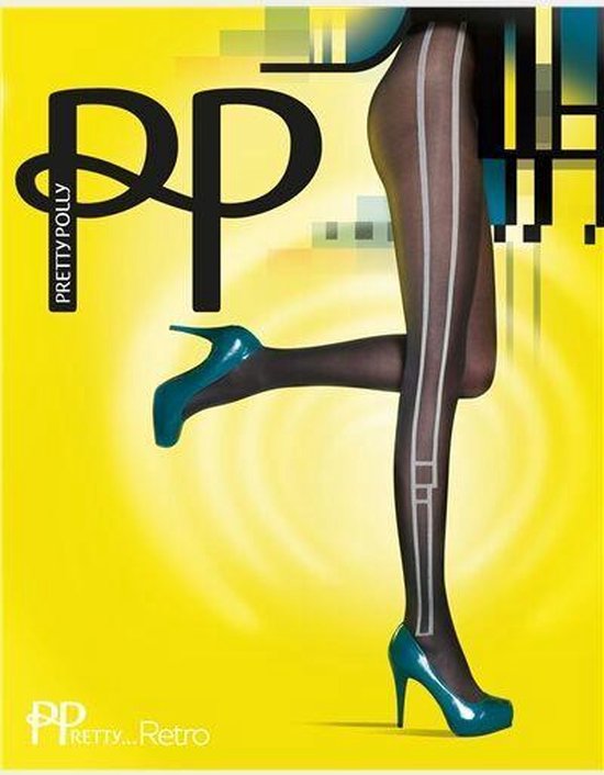 Zwarte panty met twee verticale witte banen over de benen, die bij de knie een vierkant vormen. 'Pretty Polly Retro' logo linksboven.