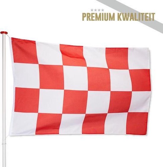 Rood-witte schaakbordvlag op witte achtergrond met 'PREMIUM KWALITEIT' tekst.