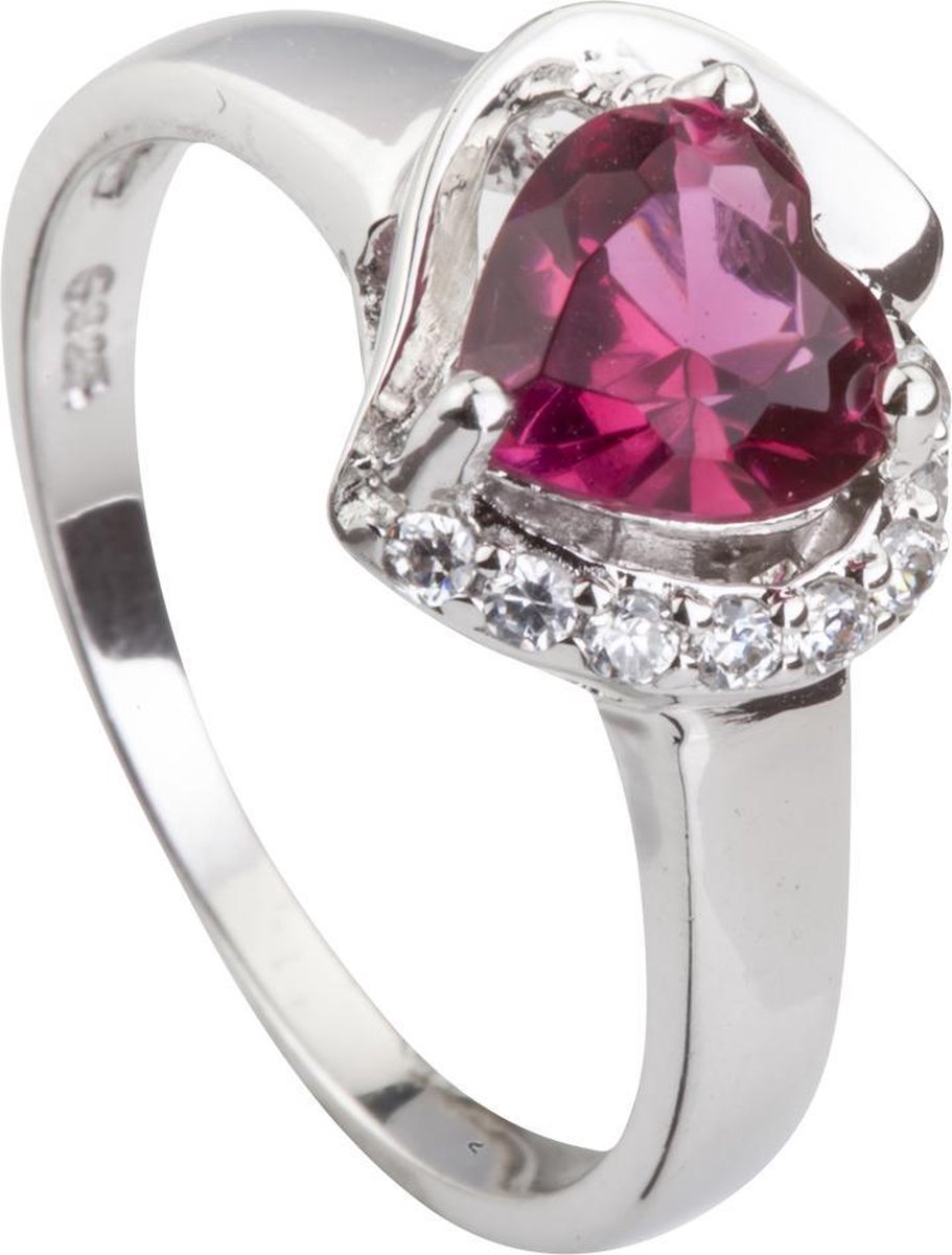 Valentijnsactie! Brigada - ring met roze hartjes zirkonia steen - 925 sterling zilver - maat 19