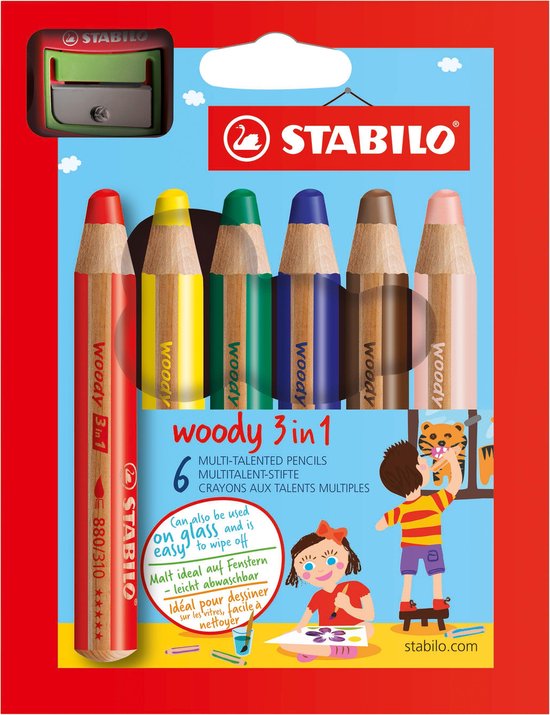 STABILO Woody 3 in 1 - Multi Talent Kleurpotlood - Etui Met 6 Kleuren + puntenslijper