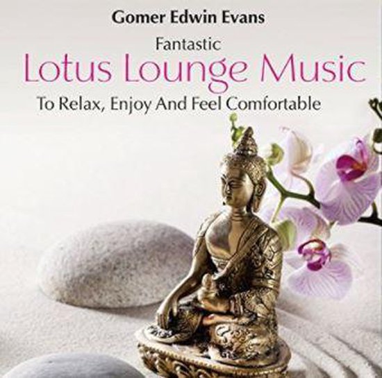 Lotus Lounge Music: Muziek om te ontspannen en je comfortabel te voelen. Bevat een boeddhabeeld, stenen en orchideeën.